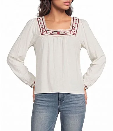 Knit Square Neck Long Sleeve Pullover Top by Lucky Brand