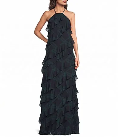 Lauren Ralph Lauren Halter Neck Cascading Ruffle Long Dress by Ralph Lauren