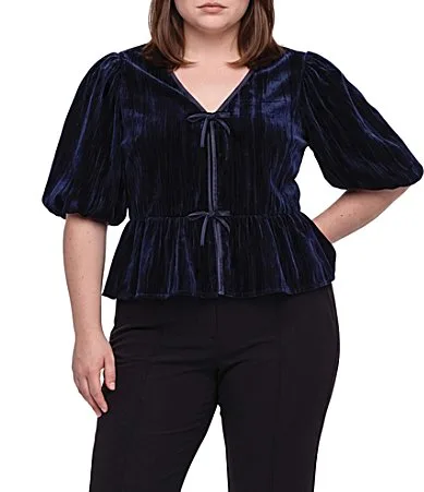 Crinkle Velvet V-Neck Short Sleeve Front Bow-Tie Peplum Top by Liverpool Los Angeles