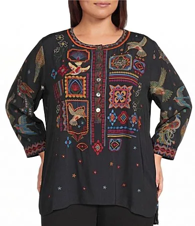 Woven Allover Embroidery Placed Print Round Neck 34 Sleeve Popover Top by John Mark