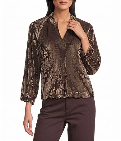 Velvet Burnout Scalloped Stand Collar 34 Raglan Puff Cuffed Sleeve Popover Top by John Mark