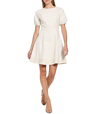 Cotton Denim Puff Sleeve Short Dress by Maggy London