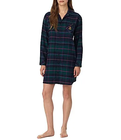 Green Plaid Print Long Sleeve Shirt Collar Woven Sleepshirt by Ralph Lauren