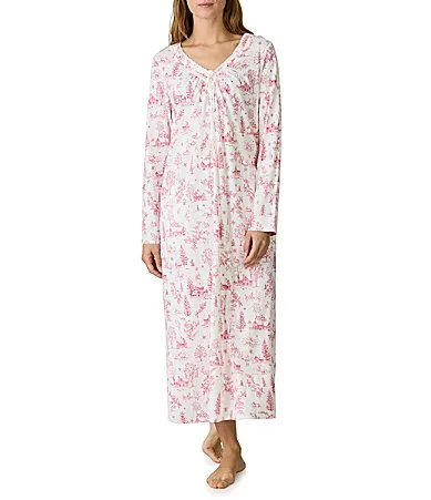 Cloud Dancer Print Long Sleeve V-Neck Cotton Jersey Knit Ballet Nightgown by Carole Hochman