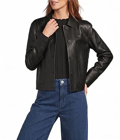 Joan Pocket Button Front Extended Cuff Long Sleeve Genuine Leather Jacket by Antonio Melani