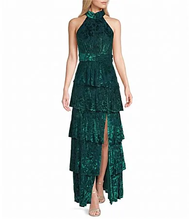 Fiona Flower Velvet Burnout Halter Neck Long Tiered Dress by R&M Richards