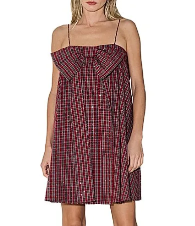 Nia Embellished Plaid Printed Bow Front Square Neck Sleeveless Mini Dress by Ciebon