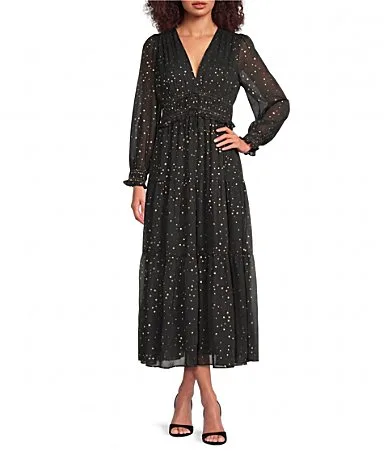 Chiffon Star Foiled V-Neck Long Sleeve Tiered Skirt Midi Length A-Line Dress by Current Air