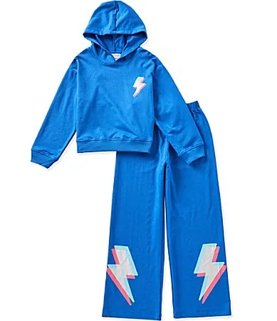 Long Sleeve Lighting Bolt Fleece Hoodie Matching Jogger Pants Set by Tween Diva