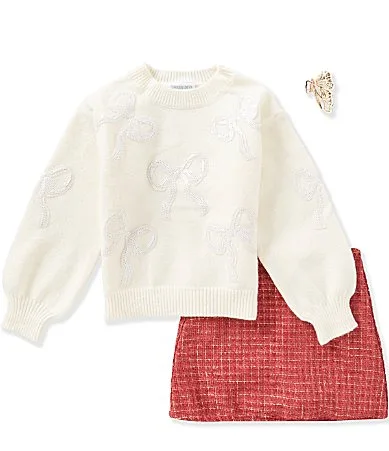 Long Sleeve Sequin Embellished Bow Sweater Plaid Boucle Skort Set by Tween Diva