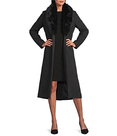 Sweater Knit Faux Fur Trim Shawl Collar Belted Long Cardigan by Anne Klein