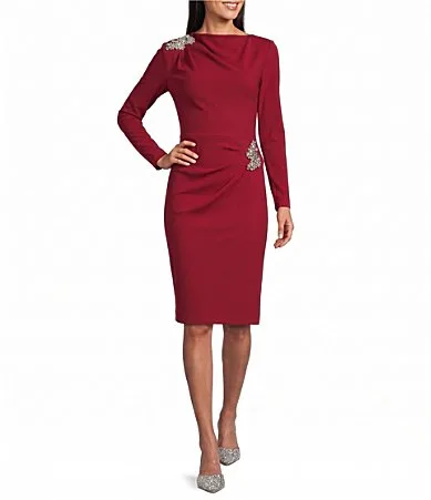 Crew Neck Long Sleeve Embellishment Sheath Dress by Anne Klein