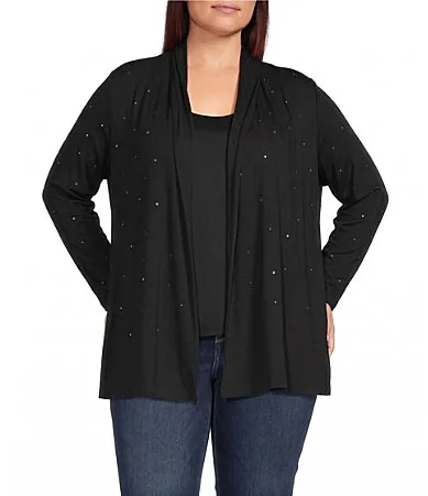 Jersey Knit Sparkle Embellished Long Sleeve Open Front Cardigan by Karen Kane