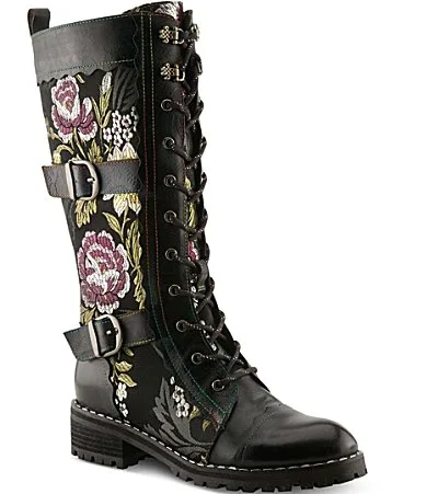 Another-Fave Embroidered Leather Tall Combat Boots by Lartiste