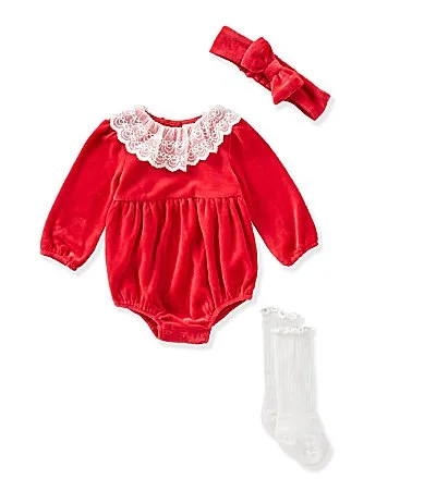 Long Sleeve Red Lace Collar Bubble Set by Little Me