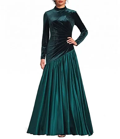 Mac Duggal Velvet Long Sleeve Mock Neck Charmeuse Skirt Gown by M.A.C.