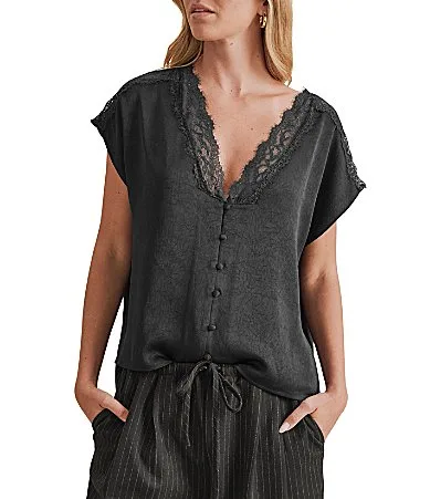 Adalyn Lace Trim Button Front Top by Splendid