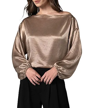 Textured Satin One Shoulder Neck Long Sleeve Blouse by Liverpool Los Angeles