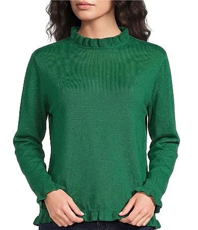 Solid Ruffle Trim Long Sleeve Pullover Sweater by Tru Luxe Jeans
