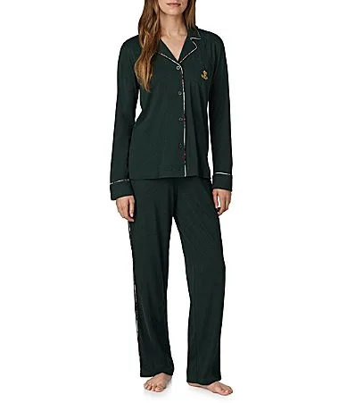 Long Sleeve Notch Collar Plaid Trim Knit Pajama Set by Ralph Lauren