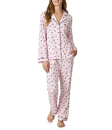 Cherry Blossom Print Long Sleeve Notch Collar Cotton Jersey Knit Pajama Set by Carole Hochman