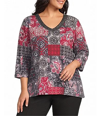 Patchwork Print 34 Sleeve V-Neck Embellished Top by Allison Daley