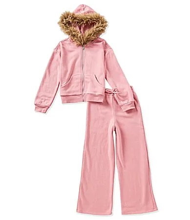 Long-Sleeve Faux-Fur-Trimmed Track Jacket Jogger Pant Set by In Girl