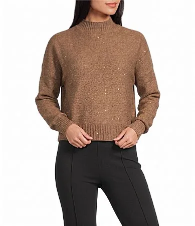 Metallic Knit Mock Neck Long Sleeve Sweater