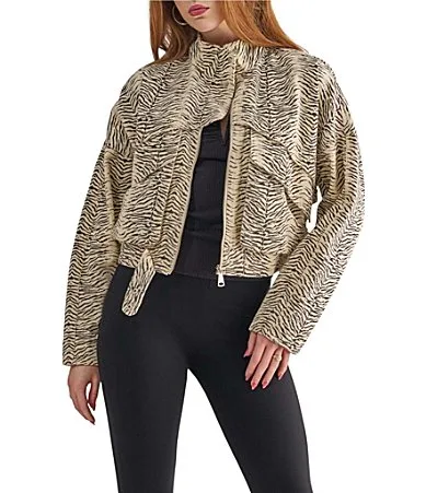 Ottoline Zebra Stand Collar Zip Front Bomber Jacket by Azalea Wang