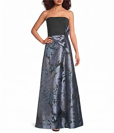 Dauphine Jacquard Strapless Asymmetrical Bow Waist Column Gown by Kay Unger
