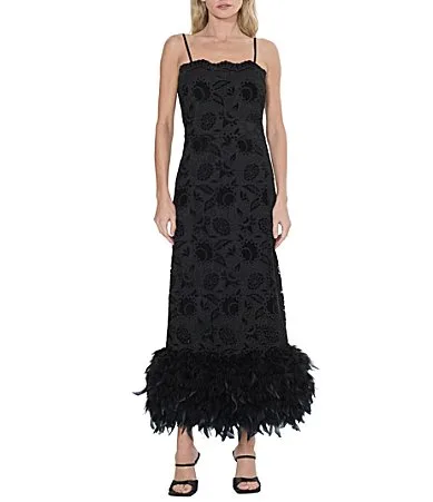 Aurora Floral Velvet Lace Square Neck Sleeveless Feather Hem Maxi Dress by Ciebon