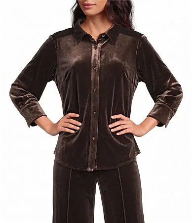 Woven Velvet Point Collar 34 Sleeve Front Button Down Blouse by Current Air