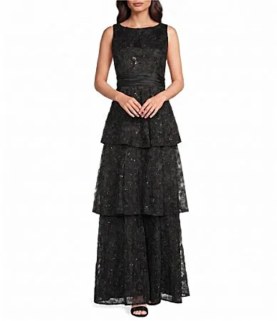 Sleeveless Boat Neck Metallic Lace Tiered Skirt Dress by Le Bos