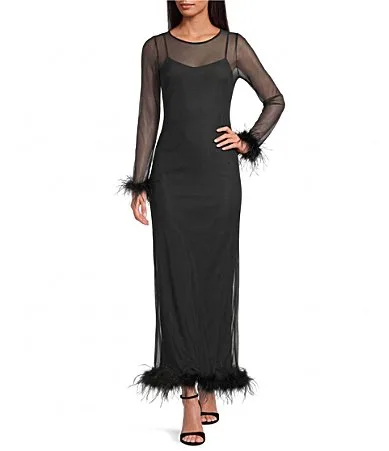 Round Neck Long Sleeve Feather Trim Mesh Maxi Dress by Never Fully Dressed