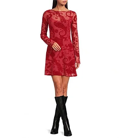 Aria Flocked Paisley Round Neck Long Sleeve Mesh Mini Dress by Never Fully Dressed