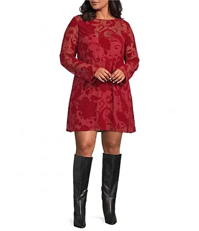 Aria Flocked Paisley Printed Round Neck Long Sleeve Mesh Mini Dress by Never Fully Dressed