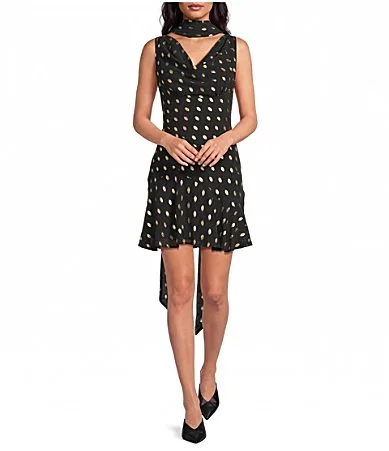 Sophie Gold Fleck Scarf Tie Cowl Neck Sleeveless Mini Dress by Never Fully Dressed