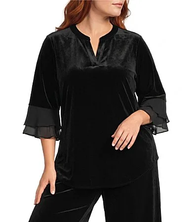 Woven Split V-Neck 34 Sleeves Curved Hem Top by Kasper