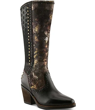 Empress Floral Printed Tall Leather Riding Boots by Lartiste