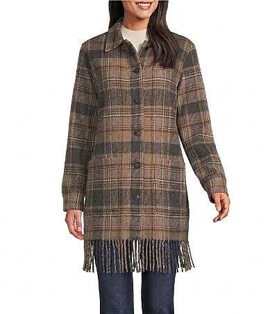 Jolene Woven Plaid Print Point Collar Long Sleeve Western Fringe Hem Jacket by Pendleton