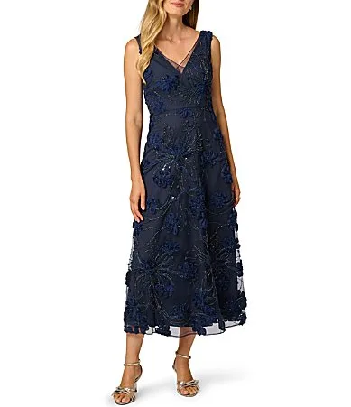 Sleeveless V Neck Embroidered Soutache Midi Dress by Adrianna Papell