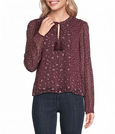 Woven Chiffon Mix Print Crew Neck Long Sleeve Peasant Top by Lucky Brand