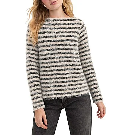 Jersey Knit Fuzzy Stripe Boat Neck Long Sleeve Pullover Top by Liverpool Los Angeles