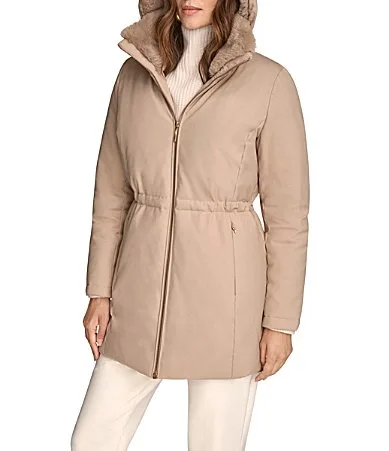 Faux Fur High Hooded Water Resistant Zip Front Puffer by Donna Karan