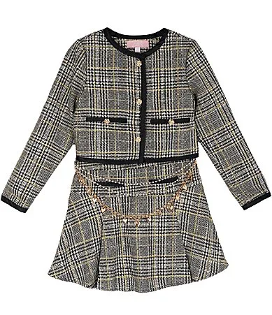 Long-Sleeve Plaid Lurex Tweed Jacket & Matching Skirt Set by Juliettenyc
