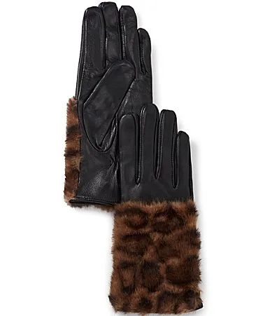 Leather & Wool Lined Leopard Print Faux Fur Trim Gloves by Natori