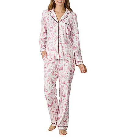 Cloud Dancer Print Long Sleeve Notch Collar Cotton Jersey Knit Pajama Set by Carole Hochman