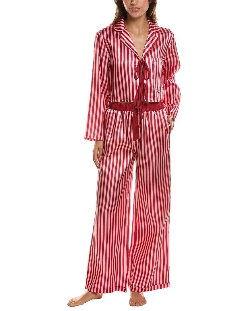 2Pc Satin Stripe Front Tie Top Pant Pajama Set by Haute Dreamz
