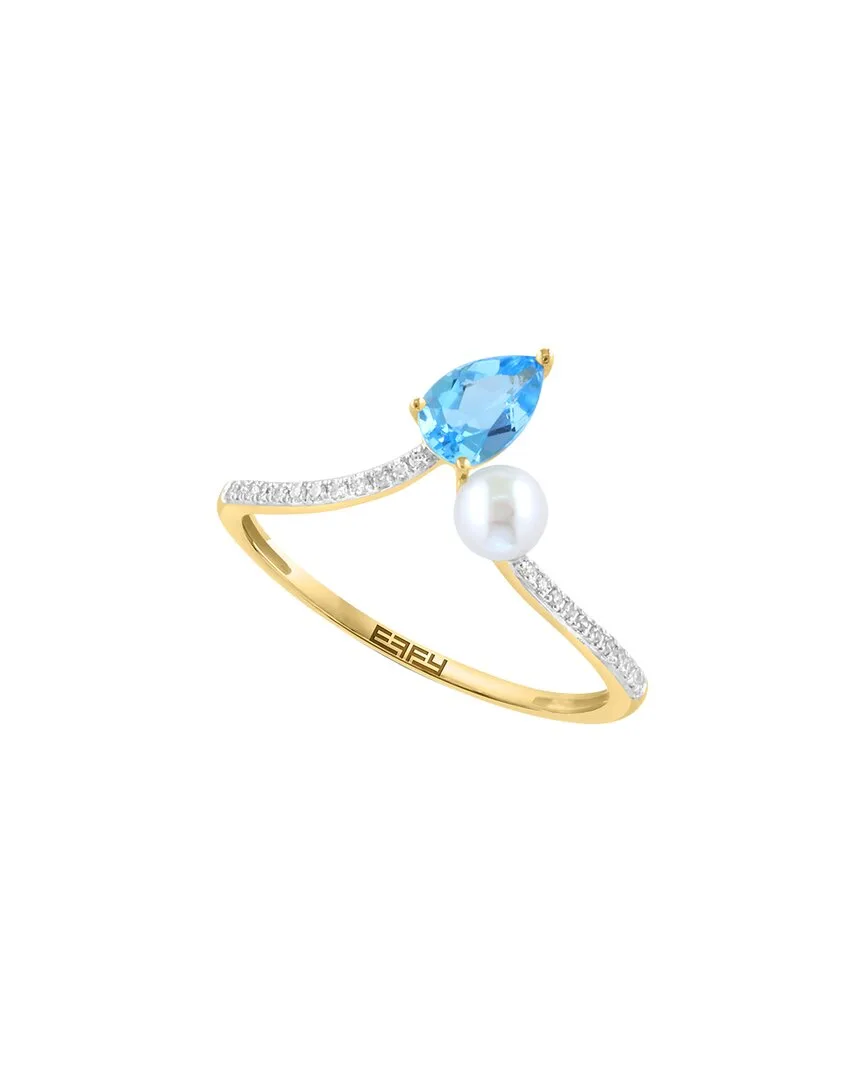 14K 0.52 ct. tw. Diamond & Blue Topaz & 4Mm Pearl Ring by Effy Fine Jewelry