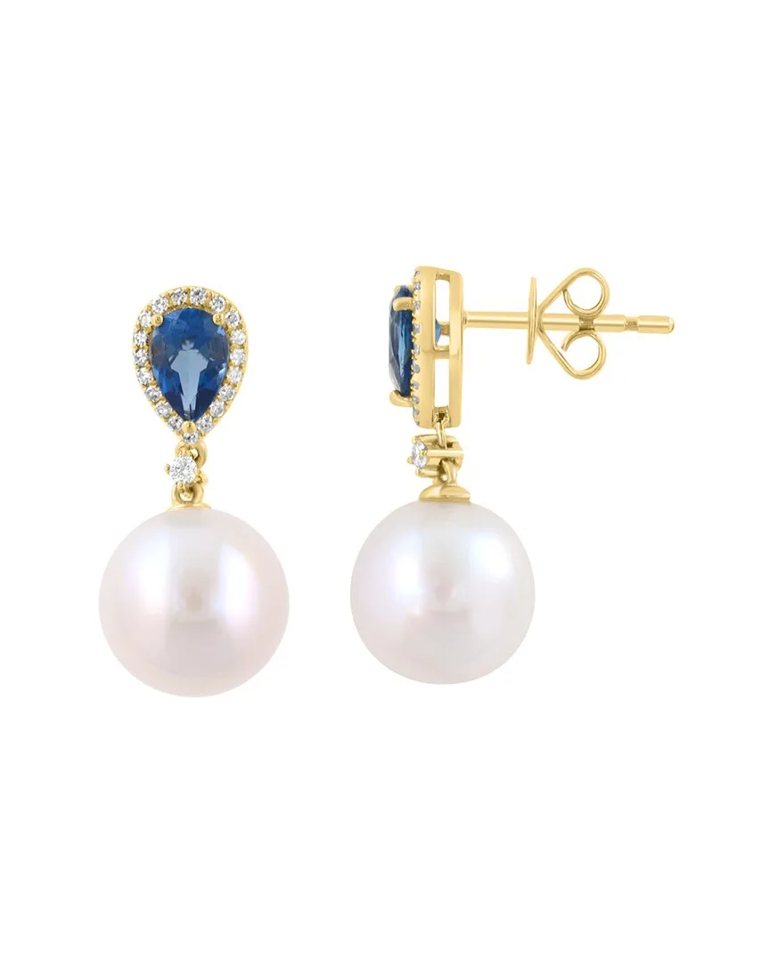 14K 0.99 ct. tw. Diamond & London Blue Topaz & 9.5Mm Pearl Earrings by Effy Fine Jewelry